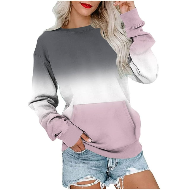 Dagugfen Chemises à Manches Longues pour Femmes Chandail Dégradé Col Rond Ample Vêtements d'Automne Tendance Confortables Chandails en Molleton