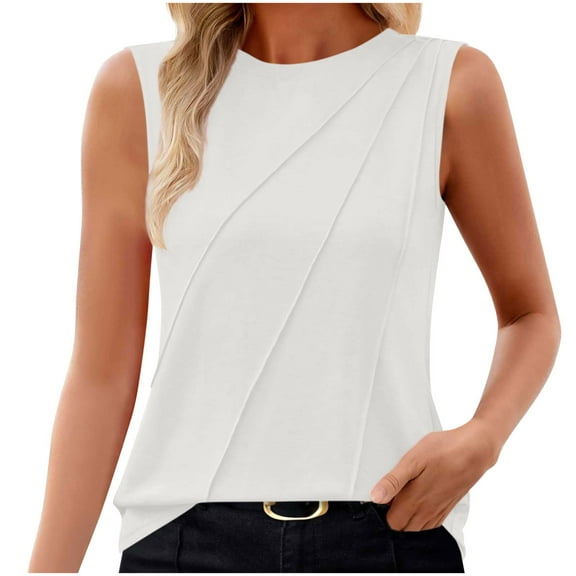Plain White T Shirt Women Sleeveless Vest Tops for Women Solid Color loose Tunic Casual Summer Tank Tops Ladies Round Neck Pleated Loose Flowy Tops Shirts