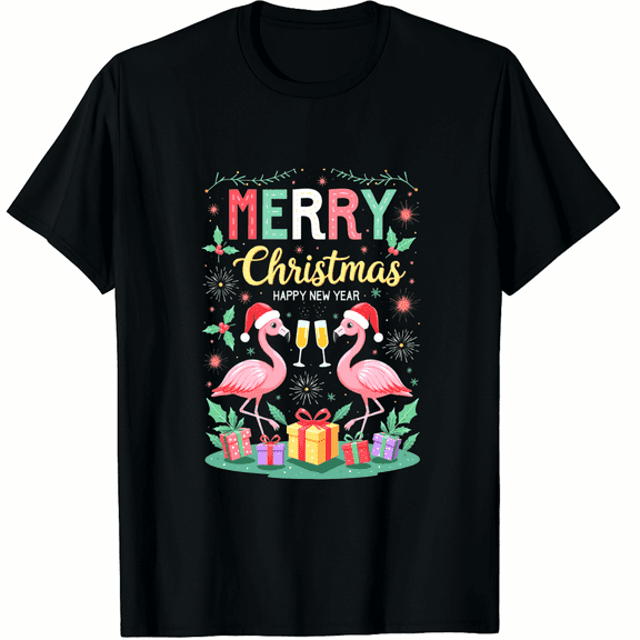 Merry Christmas & A Happy New Year Fireworks Flamingo Lover T-Shirt (Men's, Women's)