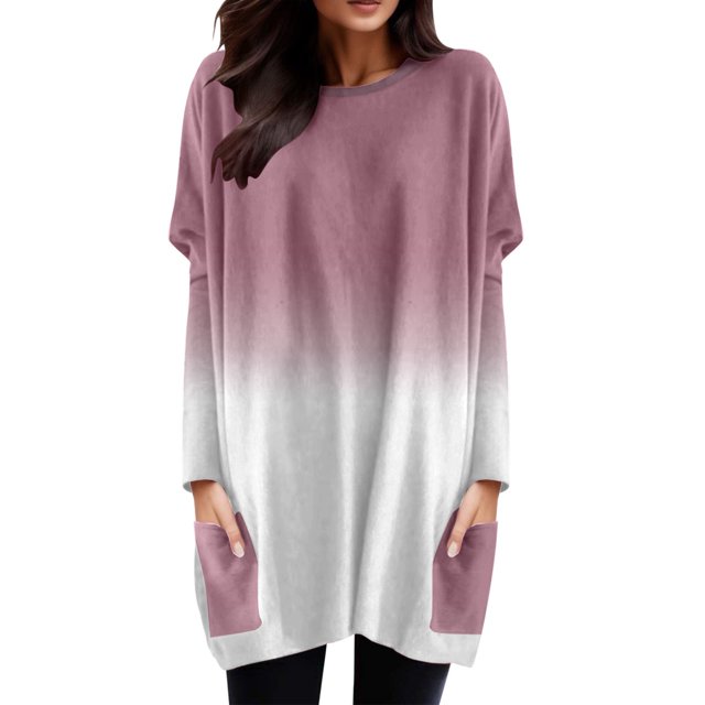 WEAIXIMIUNG Long Sleeve Shirts for Women V Neck for Work Women Autumn and Winter Casual Fashion Round Neck Long Sleeve Long T Shirt Top Pocket Puff Sleeve Print Top