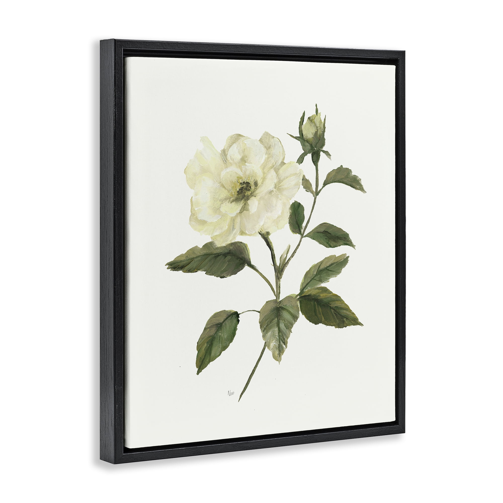 Stupell Industries Ivory Rose Bloom With Green Foliage Black Framed Floater Canvas Wall Art, design by Nan