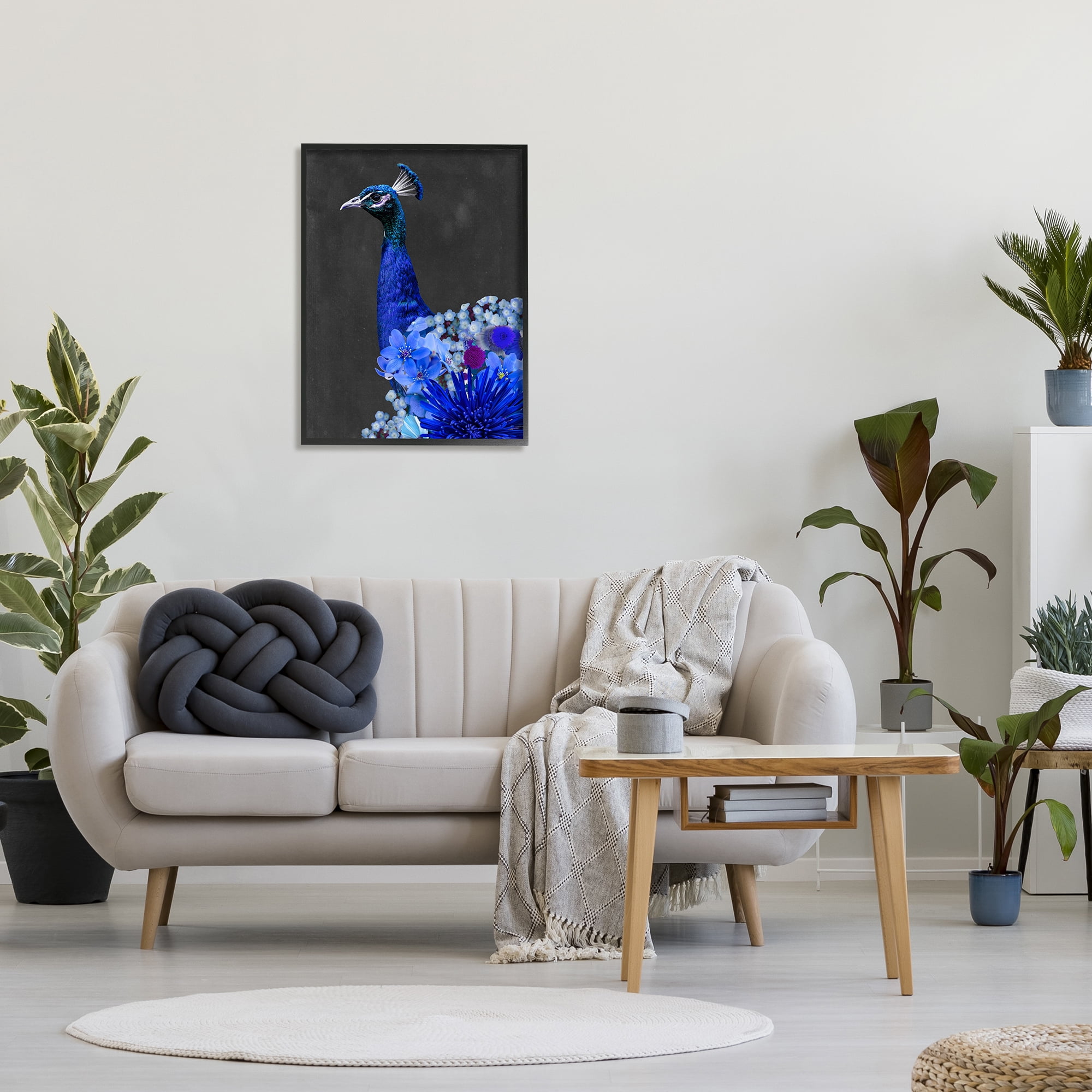 Stupell Industries Vibrant Blue Floral Peacock Animals & Insects Painting Black Framed Art Print Wall Art, 24 x 30