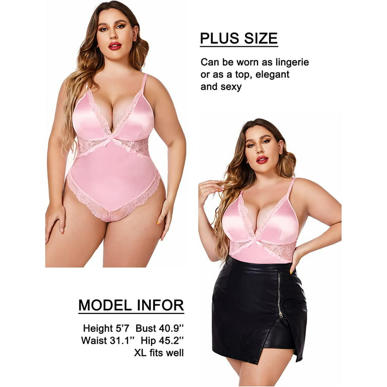 Avidlove Plus Size Women Lingerie Sexy Pink Deep V Neck Satin