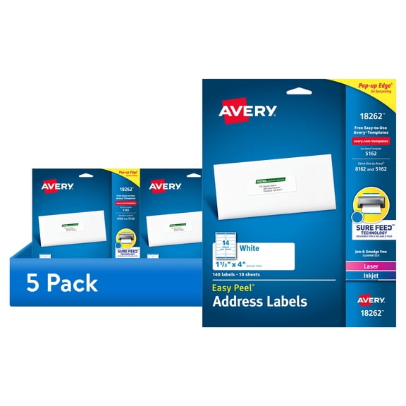 (5 pack) Avery Address Labels, 1-1/3" x 4", Paper, Matte White, Laser/Inkjet, Sure Feed, 140 Labels (18262)
