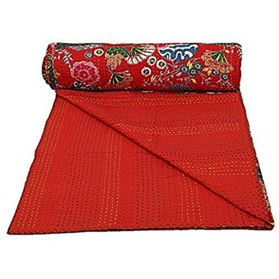 Queen Handmade Red Fruit Reversible Kantha Quilt Bohemian Bedding Kantha Throw Kantha Blanket Tropicana Fruit King Kantha Bed Cover Stitch Floral Quilt (90X108  inch)
