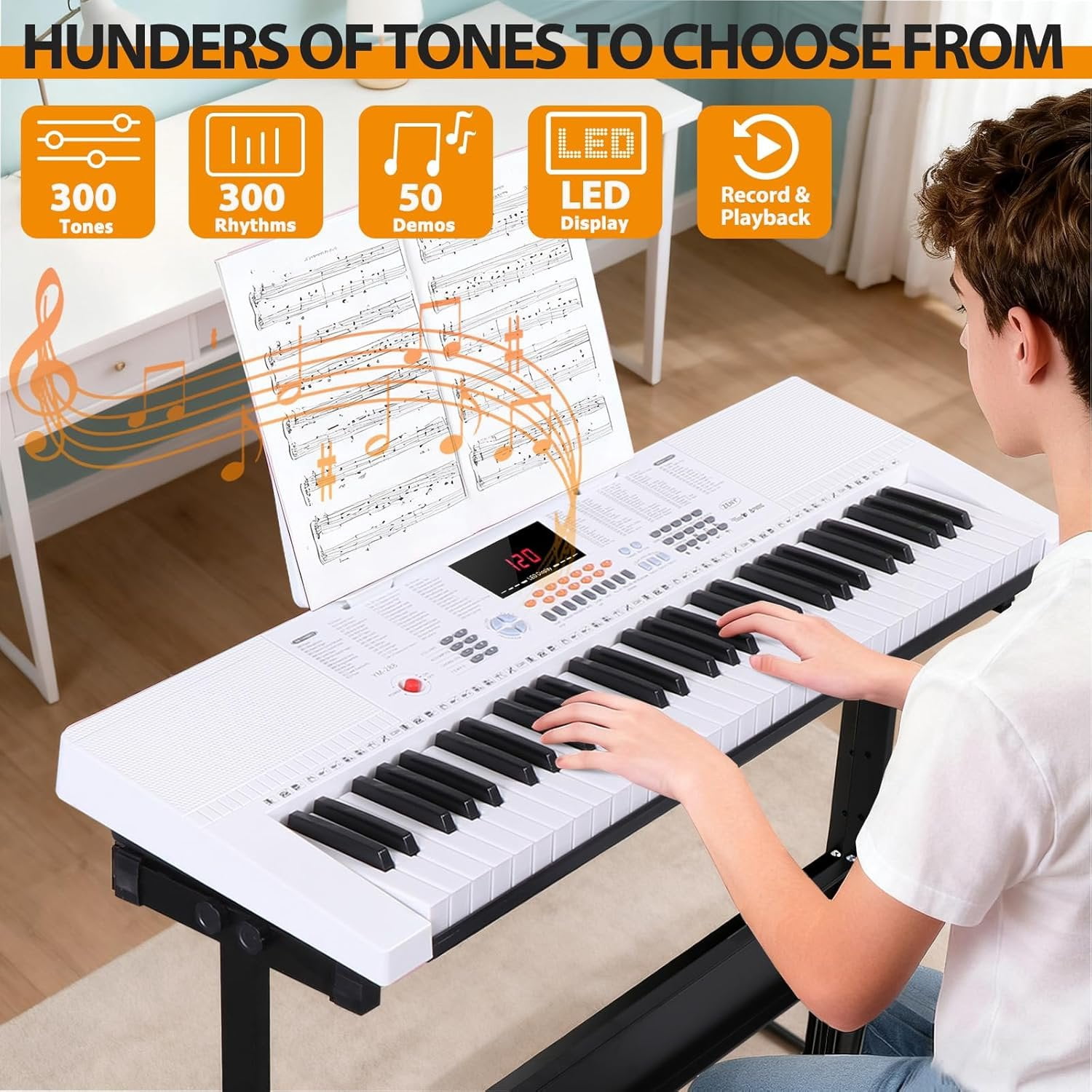 61-Key Portable Electric Keyboard Piano with Built In Speakers, LED Screen, Headphones, Microphone, Piano Stand,  Sheet Stand and Stool (White)