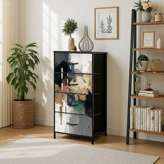 4 Drawer Vertical Storage Dresser Abstract oil painting Art painting mural modern artwork paint spots with Wood Top Fabric Pull Drawers