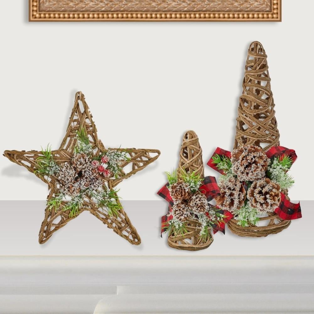 3pc Mixed Rustic Jute Woven Trees and Star Ornament Set - for Christmas Decor - Factory Direct Craft