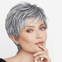 QUEENTAS Short Grey Wigs for Women Pixie Cut Wigs with Bang Synthetic Layered Sliver Gray Wig with Dark Roots Wig Cap (Ombre Grey)