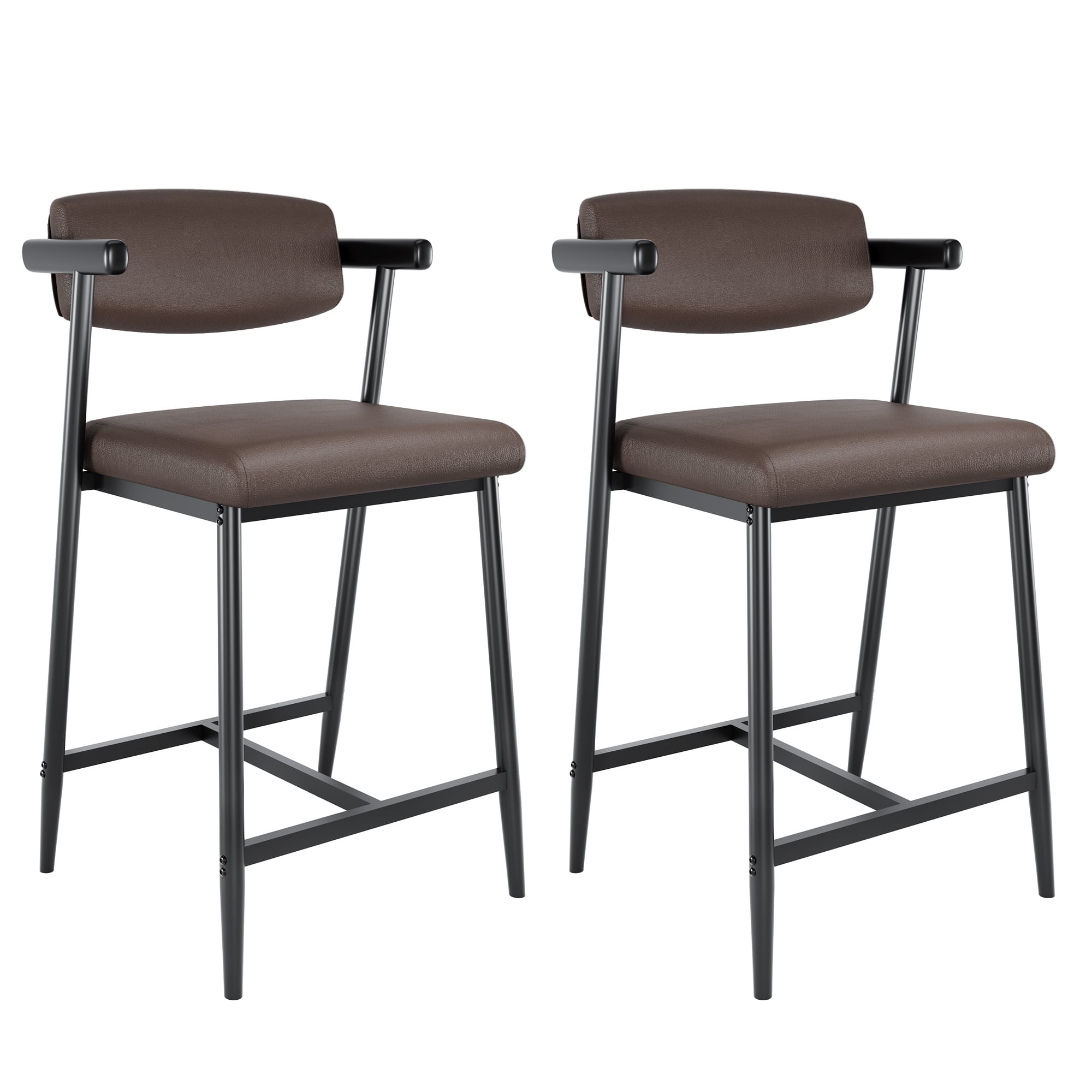 2/4pcs Counter Height Bar Stools with Back & Armrests, Upholstered PU Leather Dining Chairs, Metal Base Footrest for Kitchen Island Home Bar, Easy Assembly