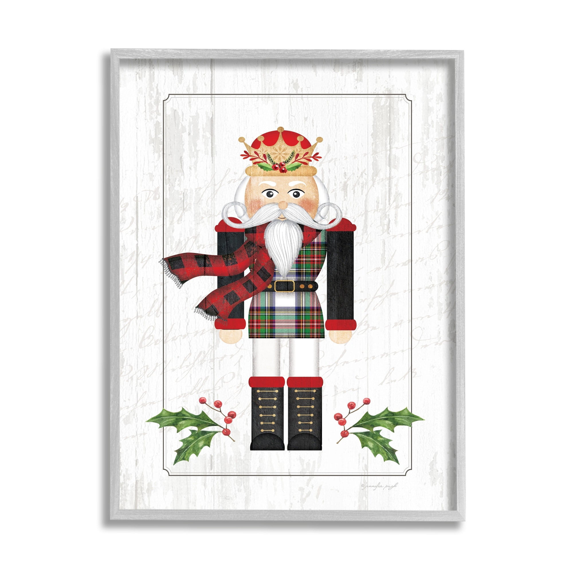 Stupell Industries Winter Holly Nutcracker Royal Crown Christmas Plaid Graphic Art Gray Framed Art Print Wall Art, 16x20, by Jennifer Pugh