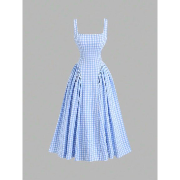 Blue And White Gingham Square Neck Fit & Flare Midi Dress
