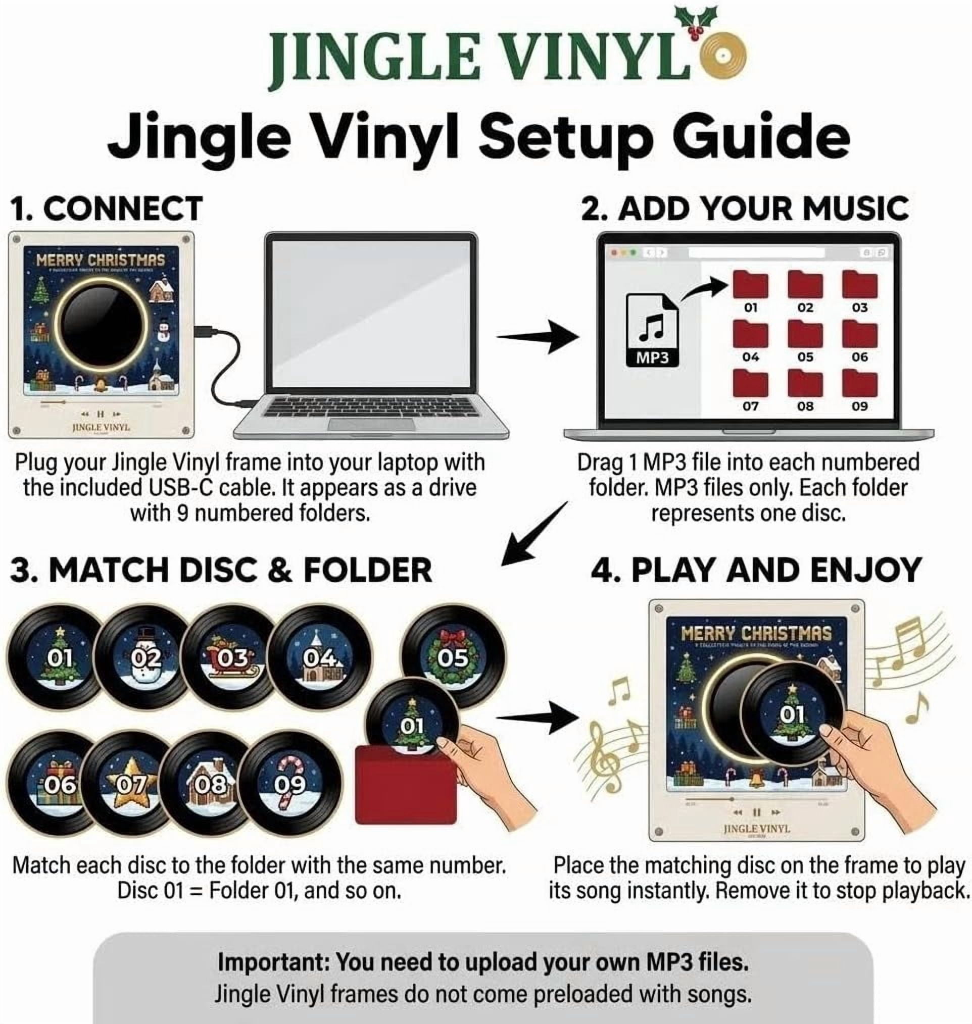 Magnetic Fridge Vinyl Music Box Christmas - Magnetic Fridge Music Player with 9 Vinyl Style Discs, Mini Christmas Vinyl Record Player for Christmas Decor and Gifting