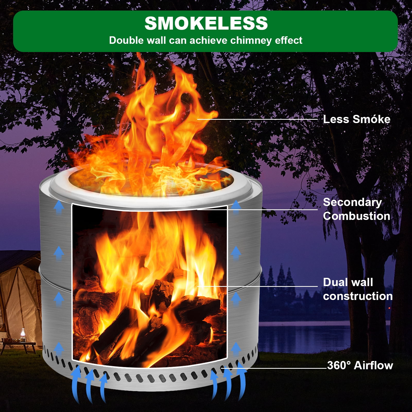 Portable Smokeless Fire Pit with Grill Grate, Removable Ash Tray, Carry Bag, Stainless Steel, for Outdoor Use (19.1 Inch)