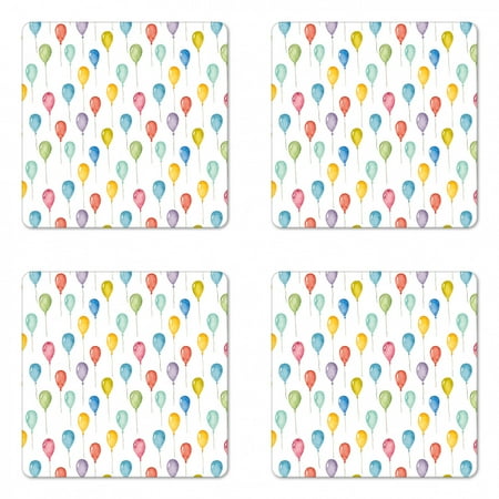 

Colorful Coaster Set of 4 Festival Entertainment Carnival Flying Balloons Watercolors Celebration Surprise Square Hardboard Gloss Coasters Standard Size Multicolor by Ambesonne