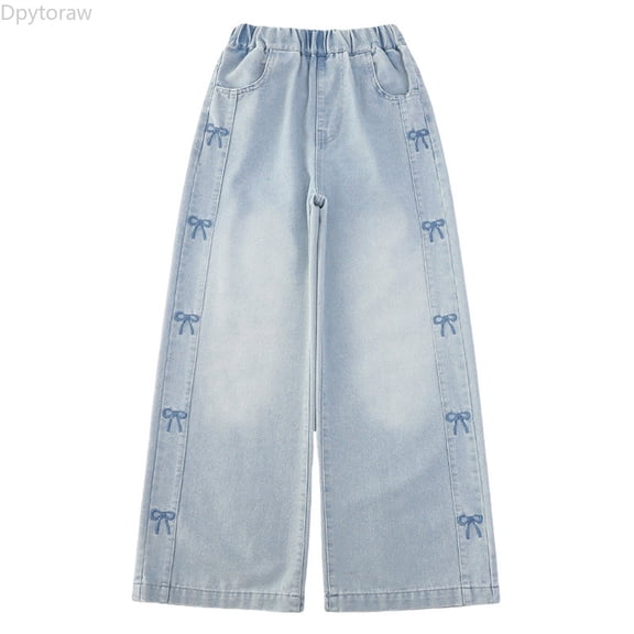 Dpytoraw Stylish Embroidered Bow Denim Pants For Girls Lightweight Wide Leg Trousers For Casual Wear Girls Denim Jeans Size 5-6 Years
