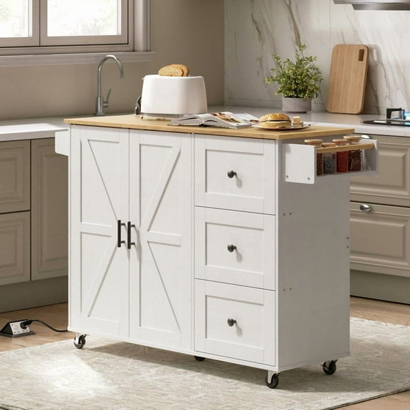 HOOBRO Kitchen Island, Kitchen Island Cart, Kitchen Island on Wheels, Kitchen Island with Power Outlet, Spice Rack, Tower Holder, Large Countertop, Adjustable Shelf, White and Natural WN15UZD01