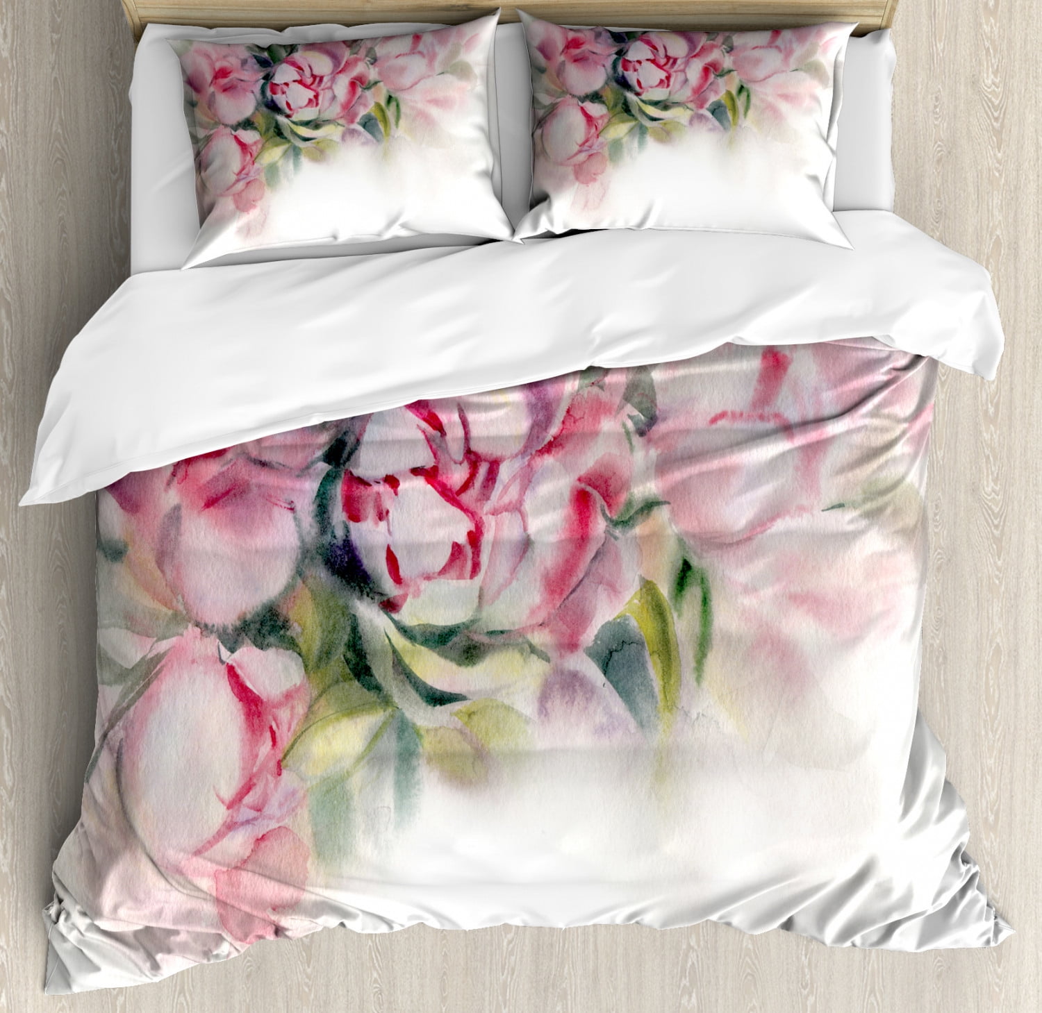 Peony Duvet Cover Set King Size, Watercolor Hand Drawn Romantic Flowers