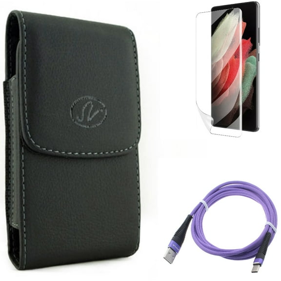 6ft USB Cable & Matte Screen Protector & Case Belt Clip for Samsung Galaxy S22 Plus (S22 ) - Combo Purple Type-C Charger Cord & TPU Film Anti-Glare & Leather Holster Cover