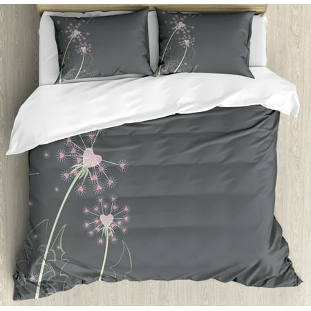 Pink And Grey Duvet Cover Set Dandelion Flowers With Hearts