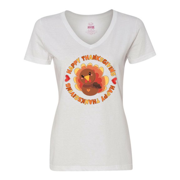 Inktastic Happy Thanksgiving with Cute Turkey Women's V-Neck T-Shirt