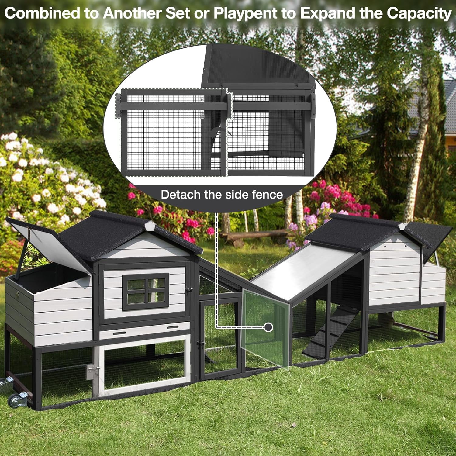 Aivituvin Mobile Chicken Coop with Wheels for 4 Chickens, Backyard Expandable Chicken House Duck Cage with Run, 2 Nesting Boxes, Easy Clean Pull-Out Tray, Weatherproof Roof (Black)