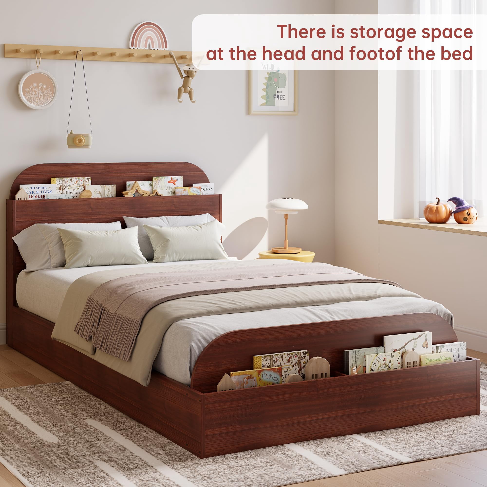 Twin XL Size Wooden Platform Bed Frame with Storage Headboard & Raised Footboard - Low Floor Bed, Heavy Duty & Noise-Free, No Box Spring Needed, Espresso