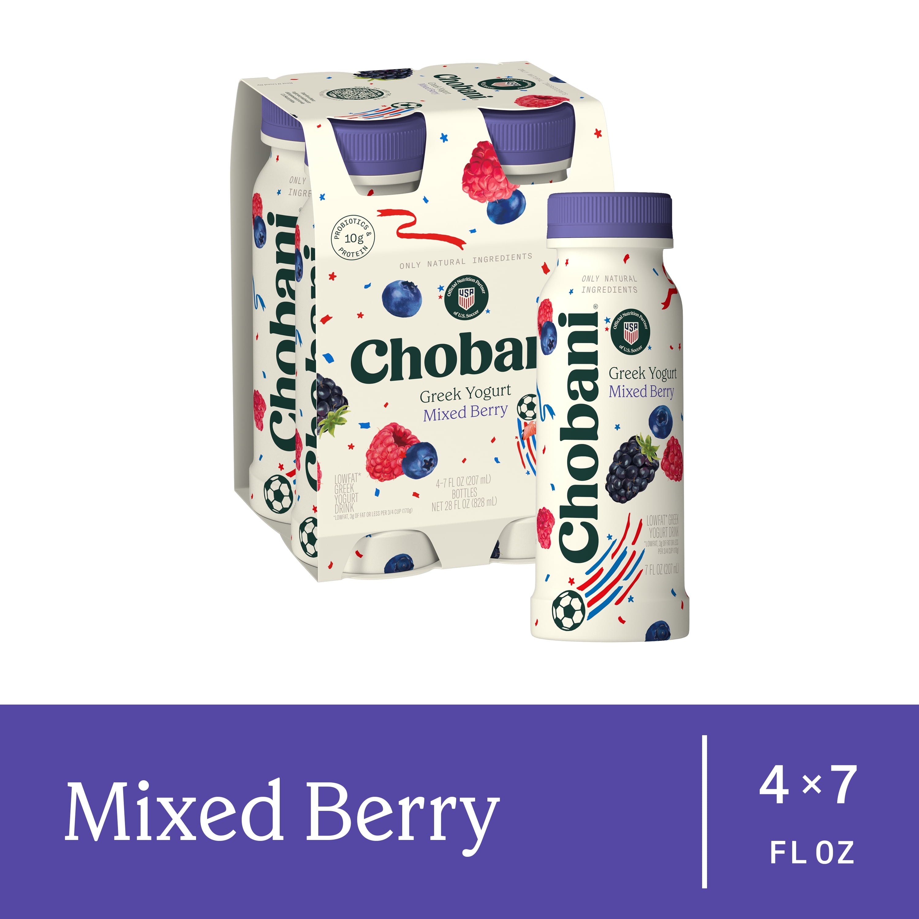 Chobani Low-Fat Greek Yogurt Drink Mixed Berry 7 fl oz Bottle, 4 Pack