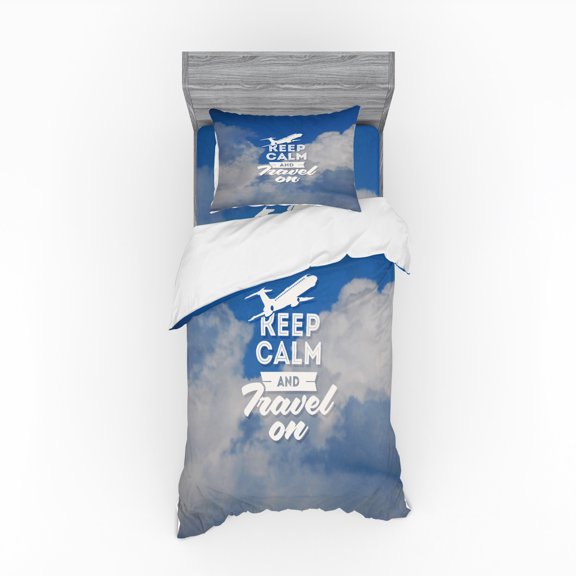 Ambesonne Saying Bedding Set 3 Pcs, Keep Calm and Travel, Twin XL, Cobalt Blue and White