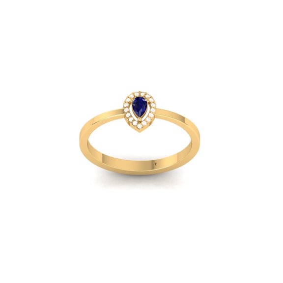 Pear Cut Halo Blue Sapphire and Moissanite Engagement Ring for Women, 14K Yellow Gold Plated