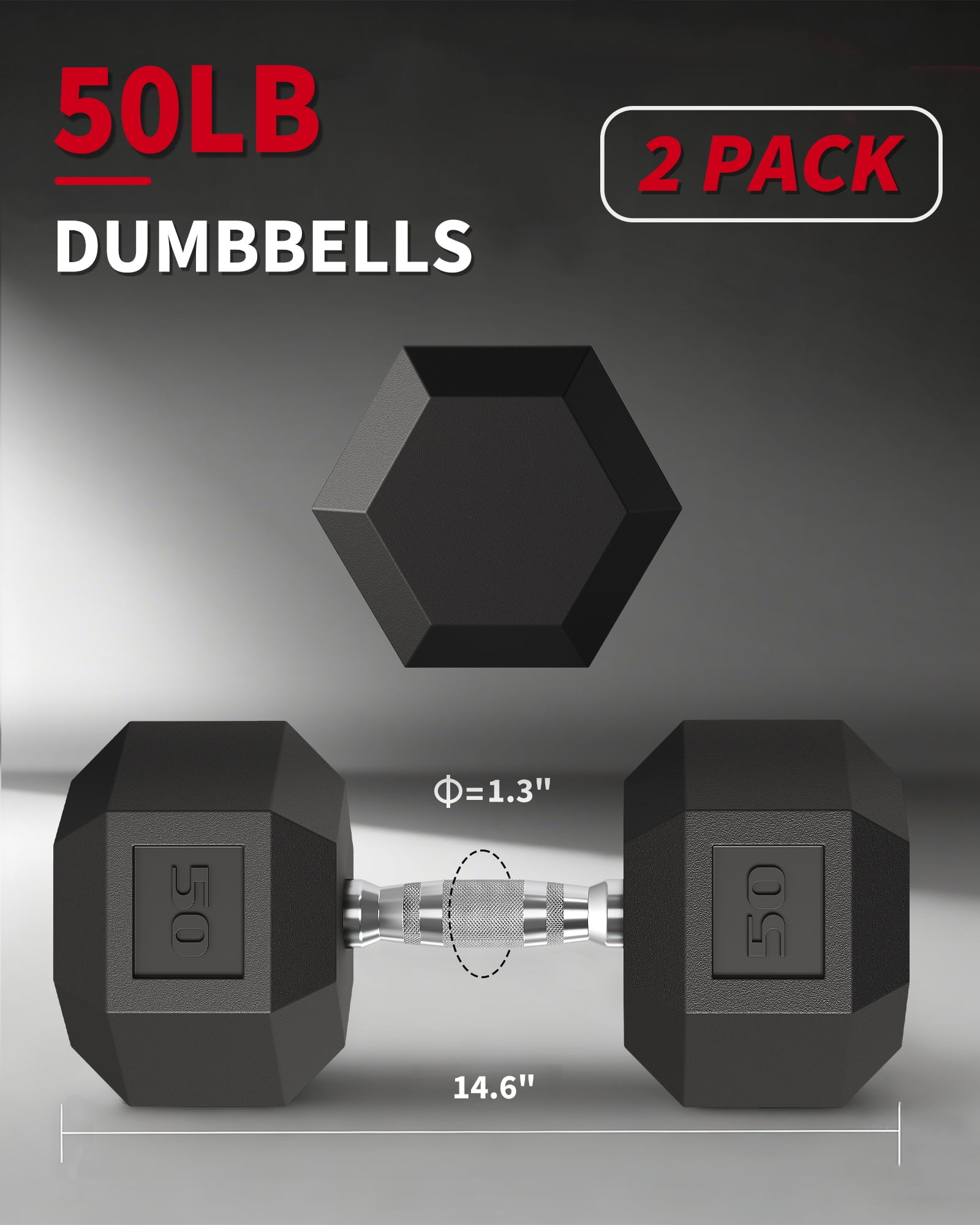 50 LB Hex Dumbbells Set of 2 – Rubber Encased Cast Iron Weights – Textured Carbon Steel Handles – Anti-Roll, Non-Slip Grip – Ideal for Home Gym Strength Training & Fitness Workouts – Color: Black