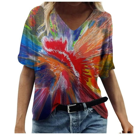 

Summer Blousees for Women 2023 Fashion Women Printing V-Neck T-Shirt Short Sleeve Casual Tee Tops Blouse Oversized T Shirts for Women Red 3XL