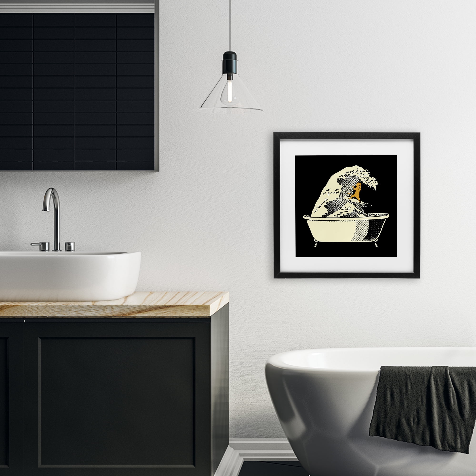 Stupell Industries Kanagawa Bathtub Cat Black Framed Print Under Glass, design by Tobe Fonseca