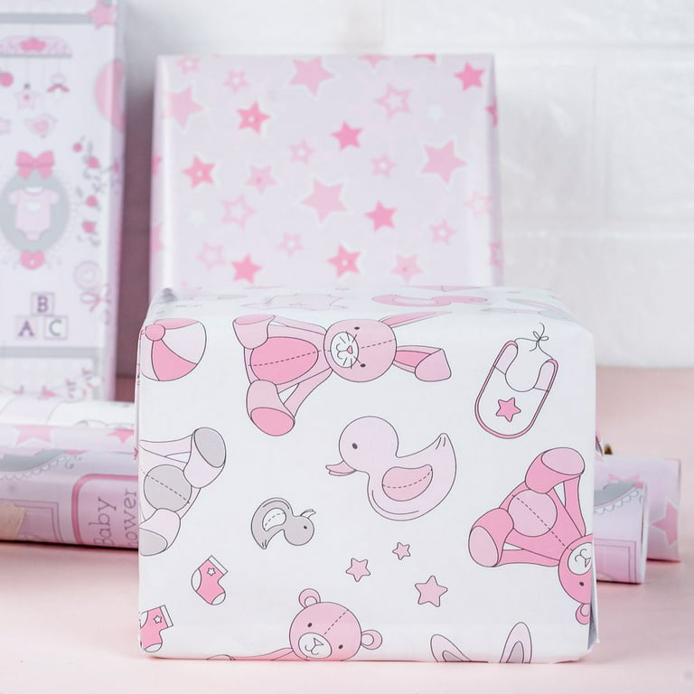 Baby Shower Wrapping Paper - Baby Girl Mini Roll - Bear Toy/ Balloon, Baby/  Star Print in Pink - 17 x 120 inches - 3 Rolls (42.5 sq.ft.ttl.) 