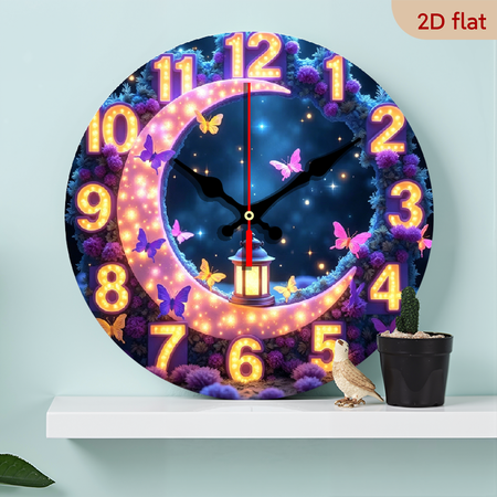 A 10-inch 2D flat wooden round wall clock, themed Night Moon Butterfly. Suitable for bedroom, living room, office decoration. Perfect as a Father's Day or holiday gift.