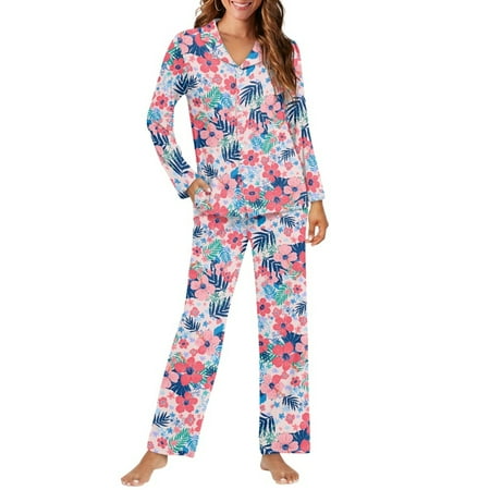 SCRAWLGOD Pink Flower Pajamas for Women Long Sleeve Button Up Pjs for Women Set Size XS V Neck Ladies 2 Piece Pajama Set Breathable Nightwear Set Women