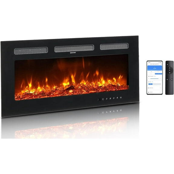 Bonnlo 36" Electric Fireplace, Wall-Mounted Inserts Fireplace Heater with Remote & WiFi Control, 12 Adjustable Flame Colors, Log & Crystal Set, 12H Timer for Home Living Room, Bedroom