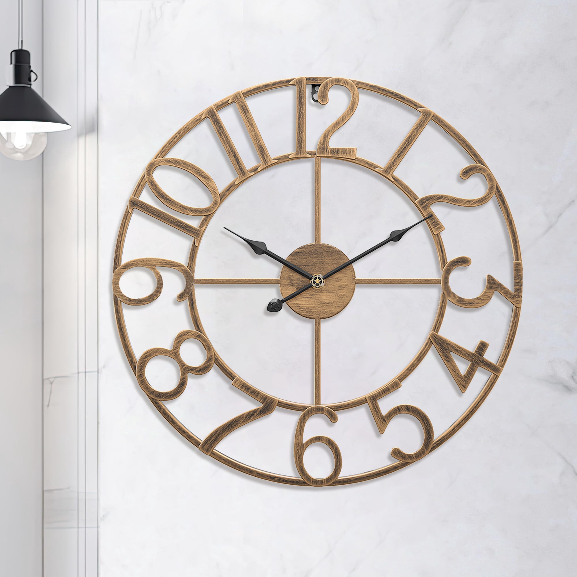 Arsvita Wall Clock, 16" Silent Non-Ticking, Battery Operated, Oversized, Decorative Retro Gold Metal Clock for Living Room,Farmhouse, Dinner Room,Indoor, Outdoor Decor(40cm, Gold Arabic Number)