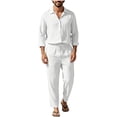 thumbnail image 3 of Men's Linen Blend Camp Collar Long Sleeve Shirt and Drawstring Pants Two Piece Outfit White M, 3 of 7