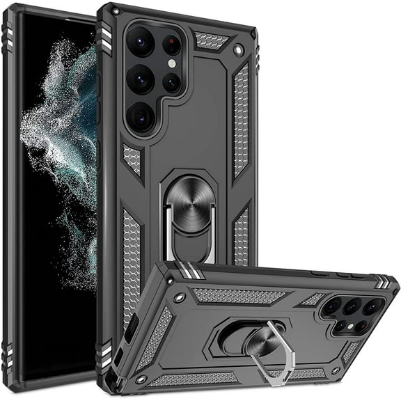 Galaxy S22 Ultra Case, Samsung S22 Ultra Case with HD Screen Protector, [Military-Grade] Magnetic Ring Holder Kickstand Shockproof Protective Phone Case for Samsung Galaxy S22 Ultra, Black