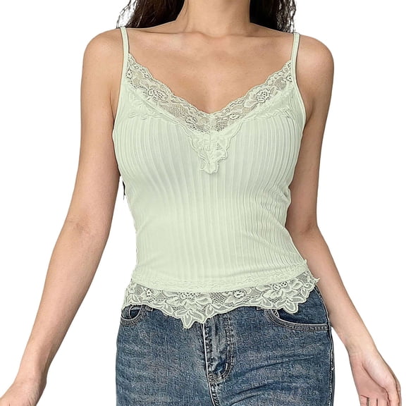 Womens Cotton Camisoles Lace V Neck Tank Top Spaghetti Strap Slim Fitted Sexy Cami Tops Going Out Cute Shirts Beach Travel Clothes, Beige L