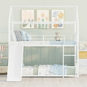 Twin over Twin Metal Bunk Bed with Slide, Kids House Bed, Metal Housebed Bunk Bed Frame for Kids(White)