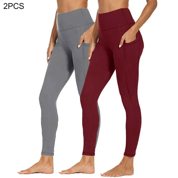 2 Pack Women's Leggings with Pockets Slim Fitting Workout High Waisted Athletic Running Tights 7/8 Soft Gym Yoga Ankle Pants with Side Pockets Womens Pants with Pockets Multicolor L