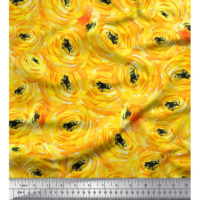 Soimoi Yellow polyester Crepe Fabric Watercolor Floral Decor Fabric Printed BTY 42 Inch Wide