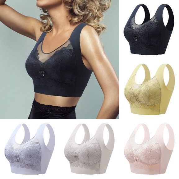 Xijirk Women Wireless Floral Lace Mesh Bra with Wide Vest Straps for Everyday Comfort Wear,Black,4XL