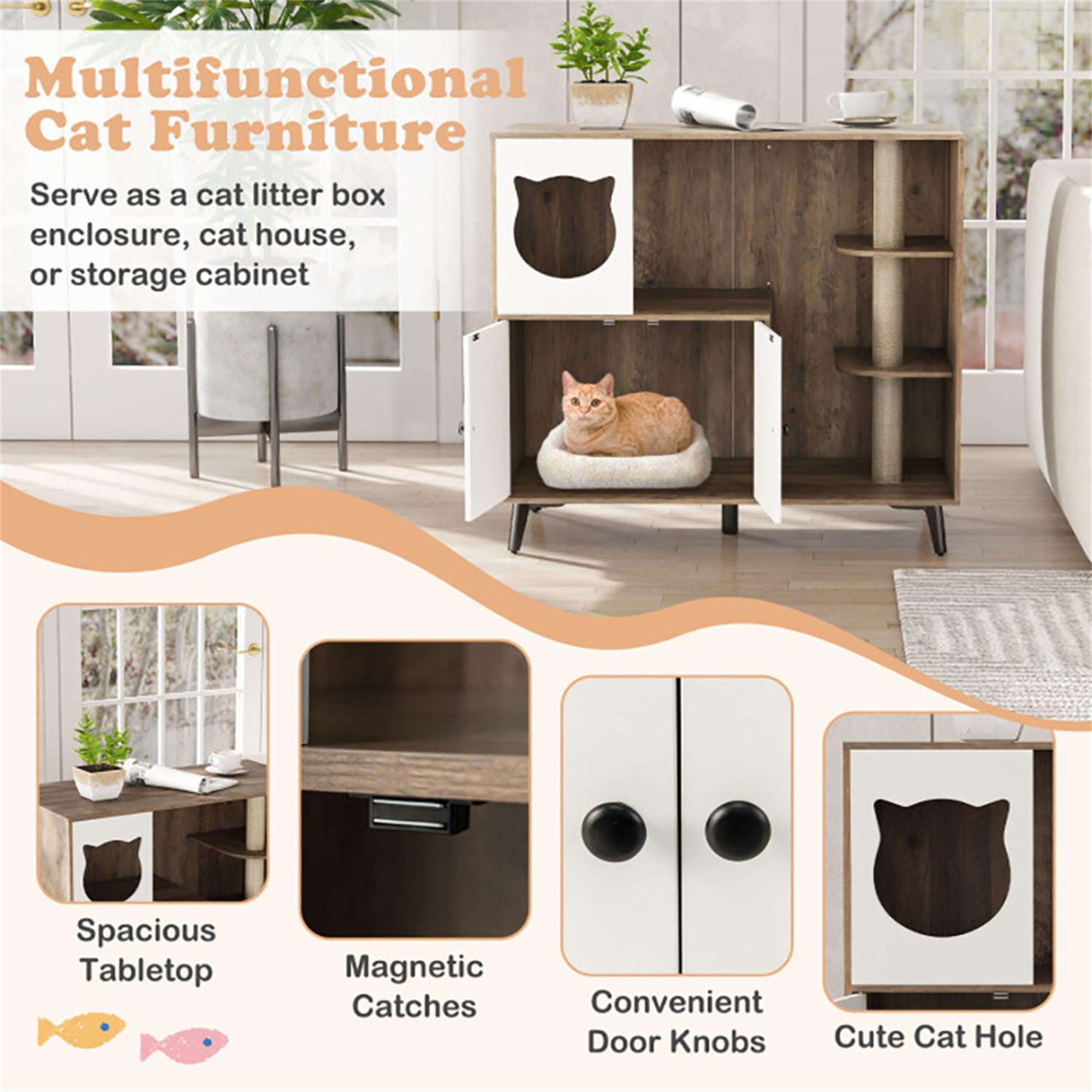 Kadyn 40" Cat Litter Box Enclosure Hidden with 3 Sisal Scratching Posts for Indoor Cats, All-in-One Wood Cat House Condo Furniture, Brown