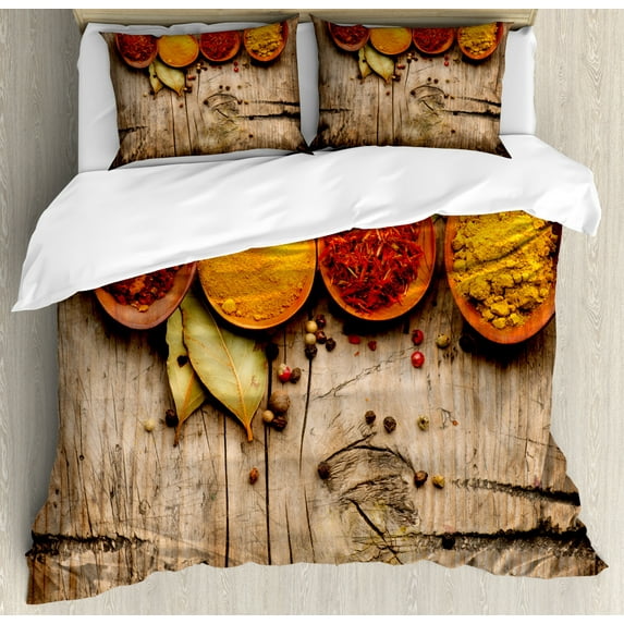 Spice Duvet Cover Set King Size, Curry Saffron Turmeric and Cinnamon in Spoons on a Wooden Background Handful Amount, Decorative 3 Piece Bedding Set with 2 Pillow Shams, Multicolor, by Ambesonne