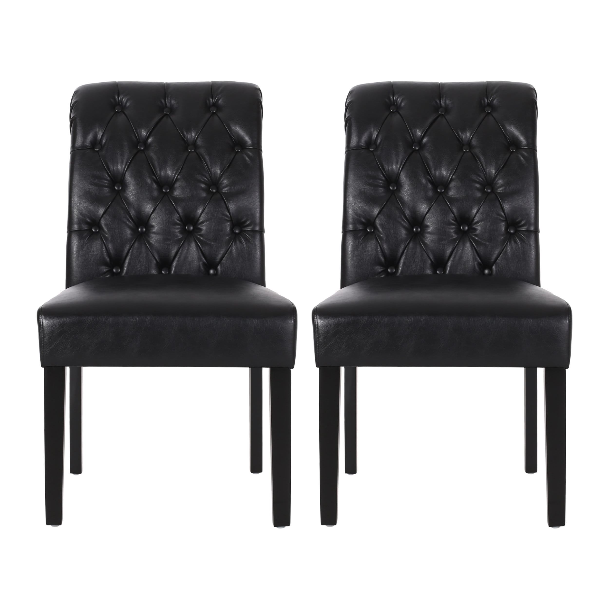 Noble House Cullon Faux Leather Tufted Rolltop Dining Chairs, Set of 2, Midnight Black and Matte Black