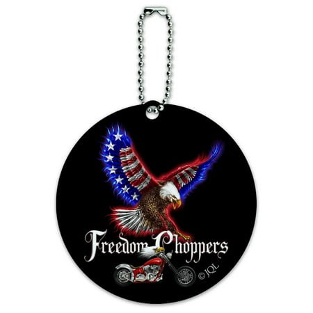 Freedom Choppers Motorcycle Patriotic American Flag Eagle Bike Round Luggage ID Tag Card Suitcase