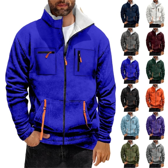 Men's Waterproof With Pockets Jacket Men's Casual And Fashionable Solid Color Long Sleeved Stand Collar Zipper Pocket Blouse/Shirt Blue L